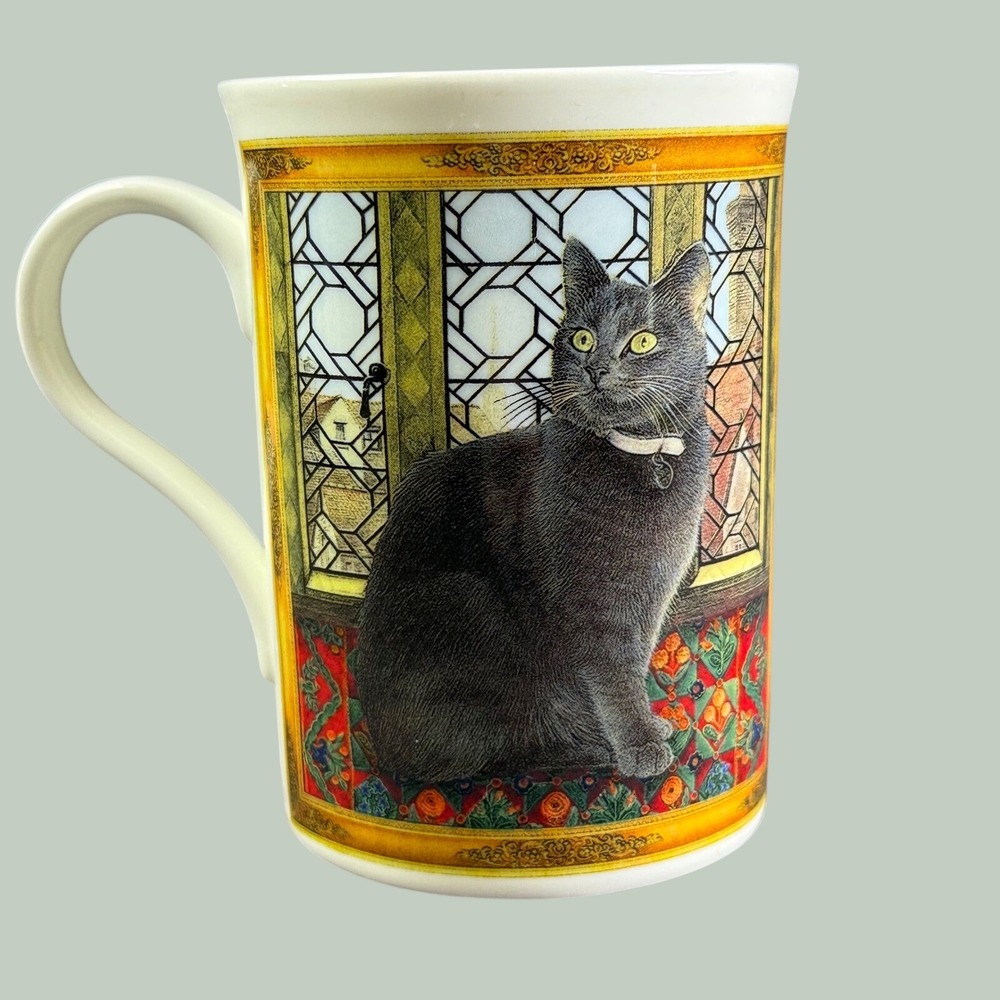 Crown Trent Fine Bone China Grey‎ Cat Stained Glass Window Mug Made in England